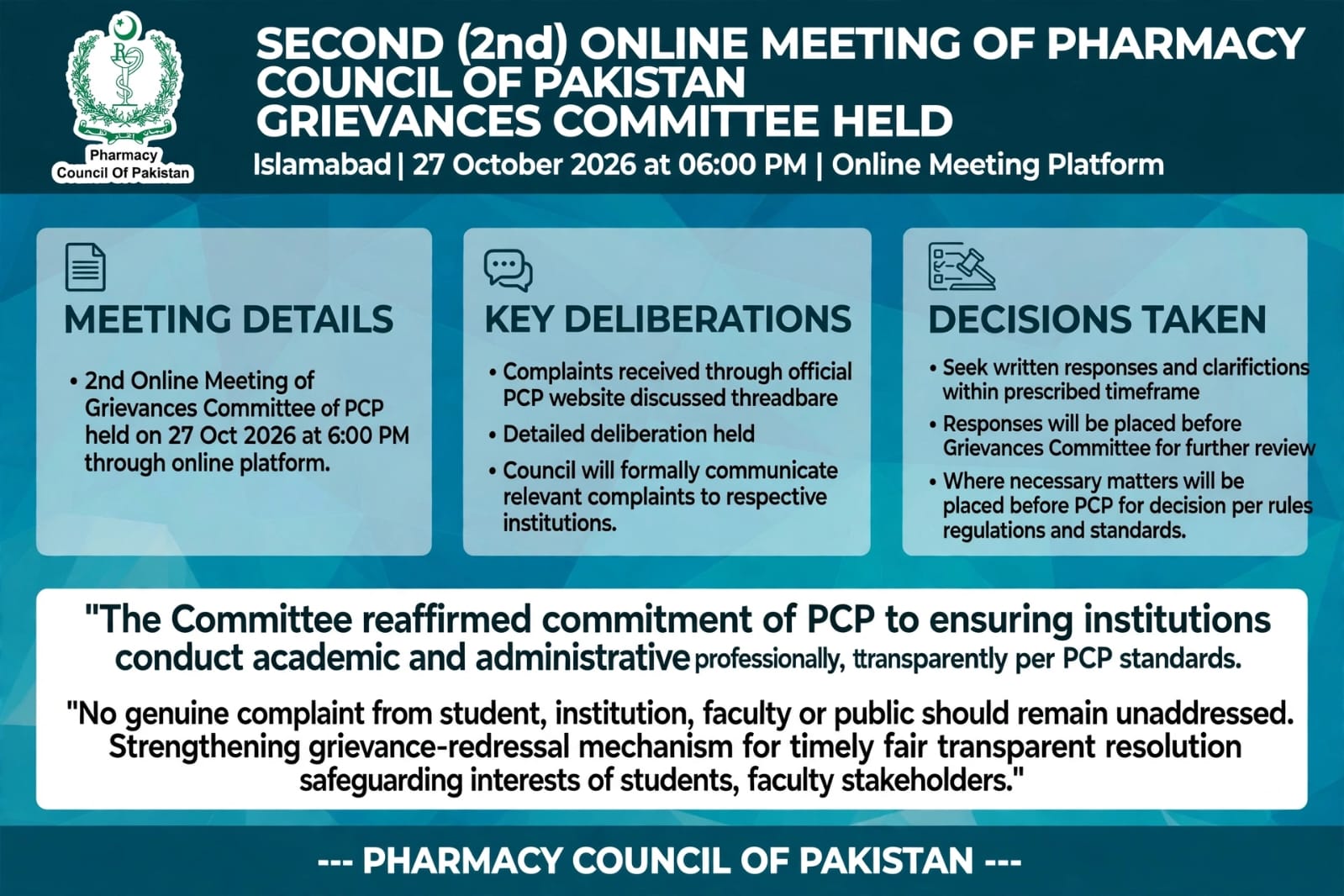 Second (2nd) Online Meeting of Pharmacy Council of Pakistan Grievances Committee Held | Islamabad | 27 October 2026